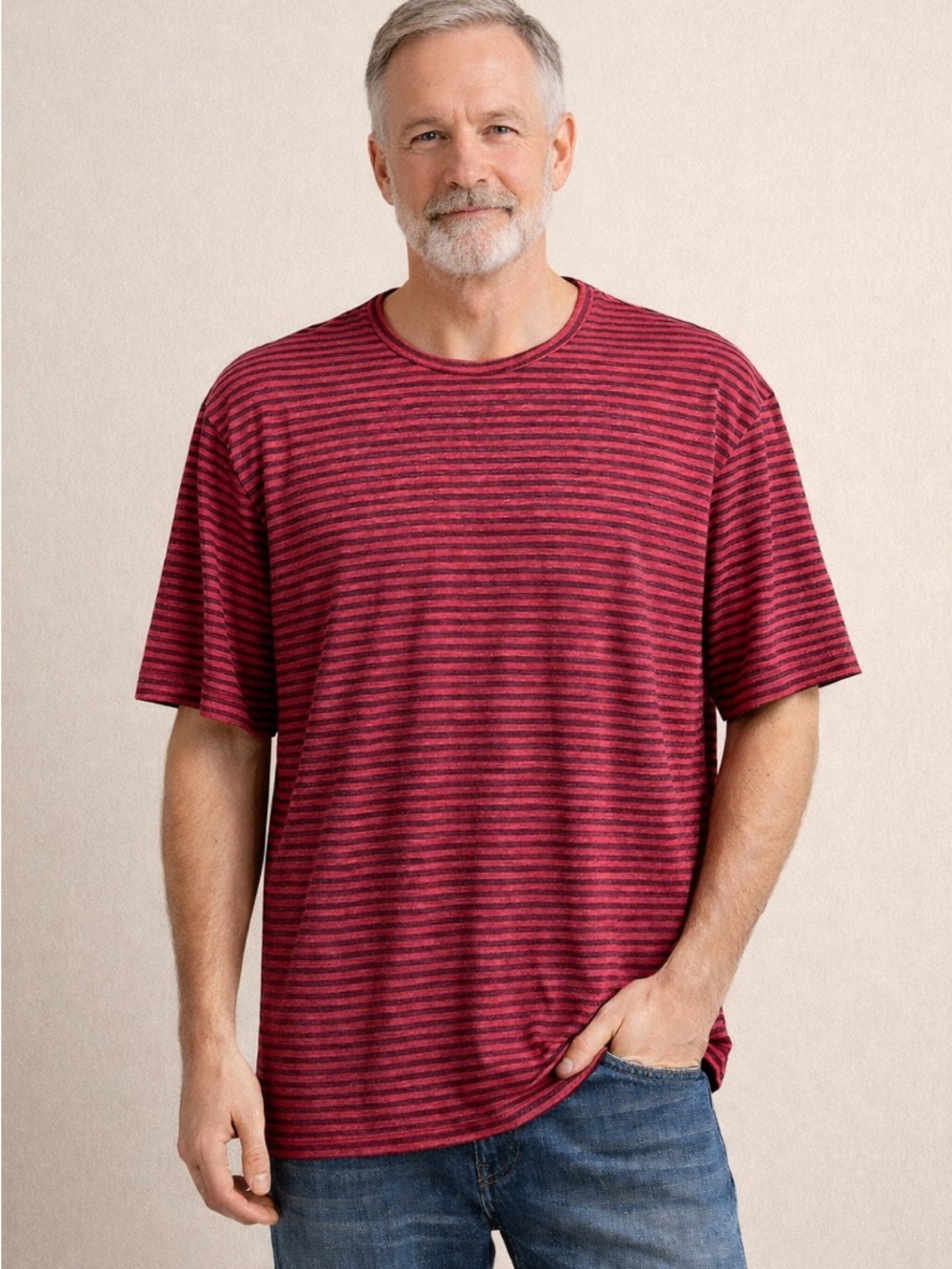 J. McLaughlin Men's Burgundy and Black Striped Crewneck Tee-Linen/Spandex-NWT-XL - Picture 2 of 7